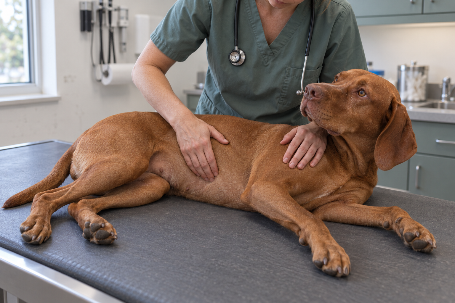 Veterinářka vyšetřuje břicho maďarského ohaře s průjmem